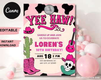 Space Cowgirl Birthday Invitation: Disco Rodeo, Pink Theme (Digital Download)
