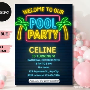 Neon Pool Party Invitation: Editable Swim Birthday, Boys (Digital Download, Canva Template 5x7&quot; )