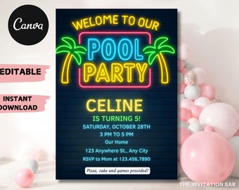 Neon Pool Party Invitation: Editable Swim Birthday, Boys (Digital Download, Canva Template 5x7" )