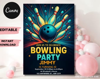 Invitación de cumpleaños de bolos luminosos: Fiesta de neón, plantilla editable (descarga en PDF o JPEG)