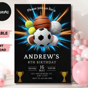 Bearbeitbare Sporteinladung, Neonsporteinladungen, Sportflyer, Sportthema einladen, Glow ALL STAR SPORTS-Einladungsvorlage Sofort-Download