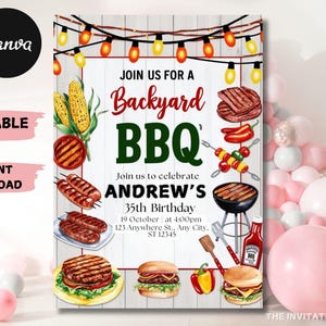 Backyard BBQ Party Invitation, BBQ Birthday Invitation, Barbecue Birthday Party Invitation, Editable Template Canva