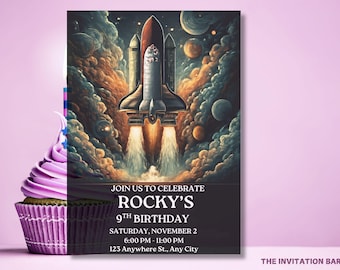 Outer Space Birthday Invitation, Rocket Ship, Galaxy (Editable Template)