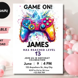 Video Game Birthday Invitation: Neon Glow, Level Up (Editable, PDF or JPEG)