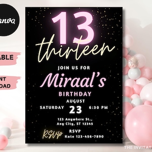 EDITABLE Neon Birthday Invitation, Pink Birthday Invitation, 13th Birthday Invitation, Birthday Invitation, 14 Year Old Girl Birthday