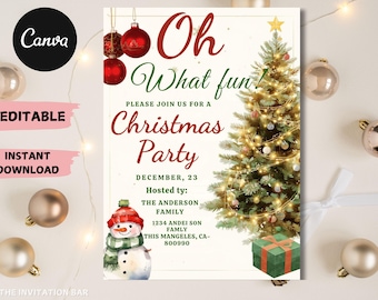 May include: A Christmas party invitation with a festive design. The invitation features a decorated Christmas tree, ornaments, and a snowman. Text includes "Oh What fun!" and party details.