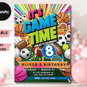 Bearbeitbare Sport-Geburtstagseinladung, Sport-Party einladen, Sportspiel digitale Einladung, All-Star-Einladung, Sport-Thema einladen, Sofort-Download