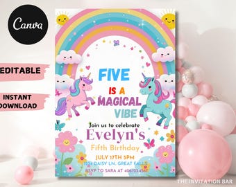 Unicorn Birthday Invitation: Rainbow 5th Party, Editable Canva Template (Digital Download)