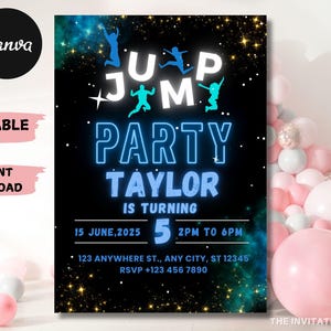 EDITABLE Trampoline Park Birthday Invitation, Trampoline Invitation, Jump Party Invitation, Jump Birthday Party Invitation, Glow Galaxy