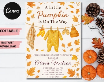 Pumpkin Baby Shower Invitation: Fall Autumn Theme (5x7 Canva, Digital Download)