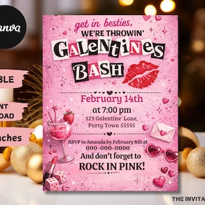 May include: Pink Galentine's Bash invitation with text, a red lip graphic, and heart accents. The invitation includes details for a February 14th event, RSVP information, and the phrase "Rock in Pink!" The Canva and The Invitation Bar logos are also visible.
