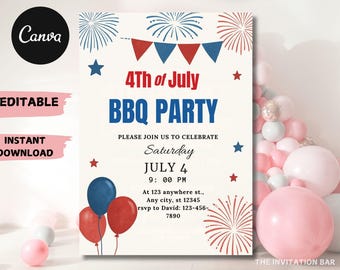4th of July Invitation Template: Patriotic Fireworks, Editable Canva Design (Digital Download)