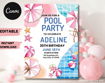 May include: A pool party invitation with watercolor illustrations of beach umbrellas, starfish, and beach balls. The invitation text reads "Join us for a Pool Party to Celebrate Adeline's 20th Birthday, June 18th."