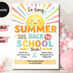 EDITABLE Back of School Party Invitation Hello School So Long Summer Bash, End of Summer Party Goodbye Summer Printable Invite Instant DIY