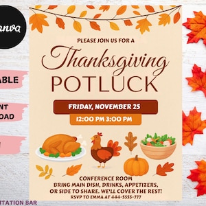 May include: Thanksgiving Potluck invitation with fall leaves and illustrations of a turkey, chicken, pumpkin, and salad. The invitation includes the text "Thanksgiving Potluck" and event details. The size is 8.5x11 inches.