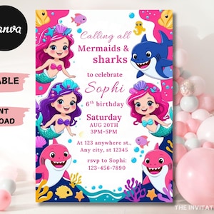 Mermaid and Shark Birthday Invitation: Under the Sea Party (Digital Template, 5x7&quot; PDF/JPEG Downloadable File)