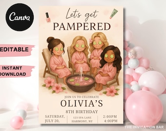 Invitación de cumpleaños para pijamada: Tema editable de spa (Canva, descarga instantánea)