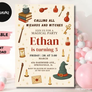Editable Wizard Birthday Invitation: Magic School Party (PDF Template)