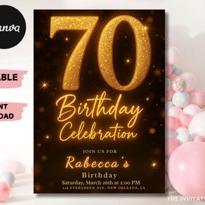 Invitación animada en video para 70.º cumpleaños: Negro, dorado y plateado (Descarga digital)