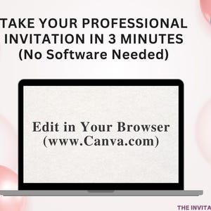 May include: A laptop displaying text: "TAKE YOUR PROFESSIONAL INVITATION IN 3 MINUTES (No Software Needed)" and "Edit in Your Browser (www.Canva.com)". The Canva logo is in the upper right corner. Pink balloons are in the background.