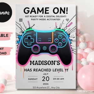 Video Game Birthday Invitation: Neon Glow, Editable Template (PDF or JPEG)