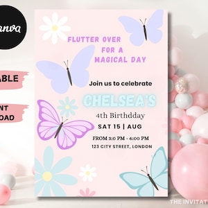 May include: A pink invitation card with butterfly and flower illustrations. The text reads "Flutter Over For A Magical Day" and invites guests to Chelsea's 4th birthday party on August 15th. Includes the Canva and The Invitation Bar logos.