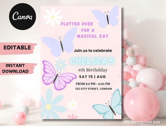 Butterfly Birthday Invitation Template: Floral Canva Invite (Digital Download, 5x7" PDF or JPEG Format)