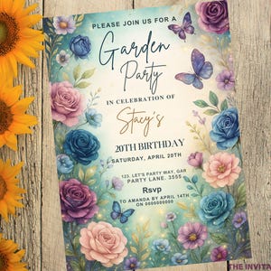 May include: A floral garden party invitation with text that reads "Please join us for a Garden Party in celebration of Stacy's 20th Birthday". The invitation features watercolor roses and butterflies in shades of blue, pink, and purple.