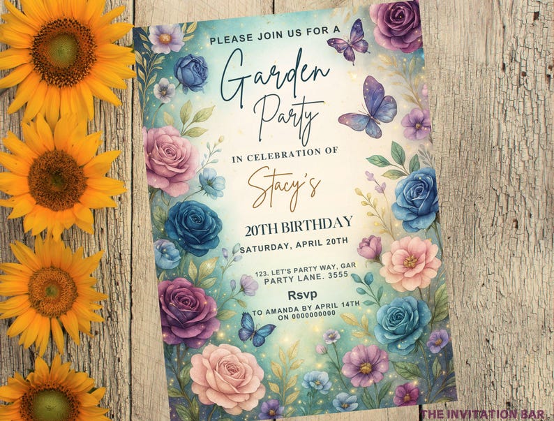 May include: A floral garden party invitation with text that reads "Please join us for a Garden Party in celebration of Stacy's 20th Birthday". The invitation features watercolor roses and butterflies in shades of blue, pink, and purple.