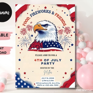 Invito modificabile per la festa del 4 luglio, invito per la festa del Giorno dell'Indipendenza, invito per barbecue, invito per barbecue del 4 luglio, invito per il 4 luglio