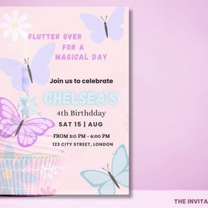 May include: A light pink birthday invitation with butterfly and cupcake graphics. The invitation reads "FLUTTER OVER FOR A MAGICAL DAY" and includes the name "CHELSEA'S" and event details. The Invitation Bar logo is in the bottom right corner.