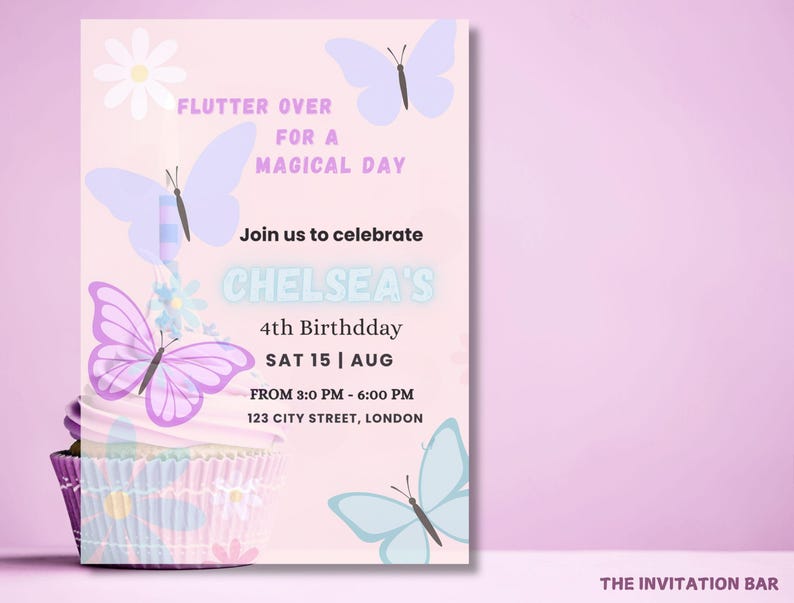 May include: A light pink birthday invitation with butterfly and cupcake graphics. The invitation reads "FLUTTER OVER FOR A MAGICAL DAY" and includes the name "CHELSEA'S" and event details. The Invitation Bar logo is in the bottom right corner.