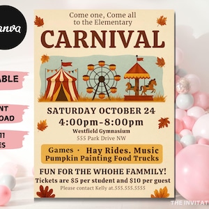 May include: A beige carnival-themed invitation with a circus tent, Ferris wheel, and carousel illustrations. The text reads "CARNIVAL" and includes event details: date, time, location, and activities. The invitation is 8.5 x 11 inches.