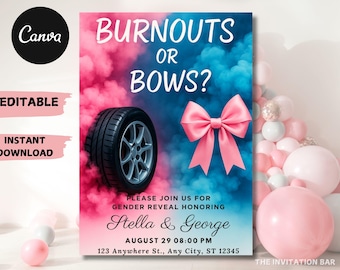 Könnte beinhalten: Eine Gender-Reveal-Einladung mit dem Text „BURNOUTS OR BOWS?“ zeigt einen Reifen und eine rosa Schleife vor einem rosa und blauen Hintergrund. Die Einladung enthält die Namen Stella & George, Datum, Uhrzeit und Adresse.