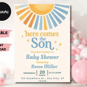 Invito modificabile per baby shower Sunshine, invito per baby shower Here Comes the Son, baby shower Boy Sonshine, Boho Sunshine Shower