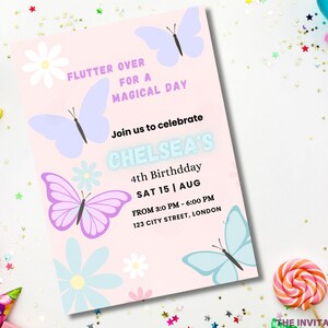 May include: A pink birthday invitation with butterfly and flower illustrations. The text reads "Flutter Over For A Magical Day" and invites guests to Chelsea's 4th birthday on August 15th. Includes time and location details.