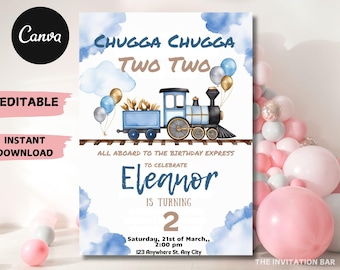 Faire-part 2e anniversaire de train, Chugga Two Two, modifiable imprimable