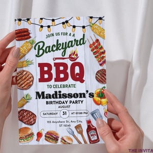 May include: A colorful invitation for a backyard BBQ to celebrate Madisson's birthday. The invitation features a red and white striped design with illustrations of food, including corn on the cob, hot dogs, hamburgers, and skewers. The text on the invitation reads "Join us for a Backyard BBQ to celebrate Madisson's Birthday Party, Saturday, August 31 at 07:00 PM, 123 Anywhere St, Any City, ST 12345".