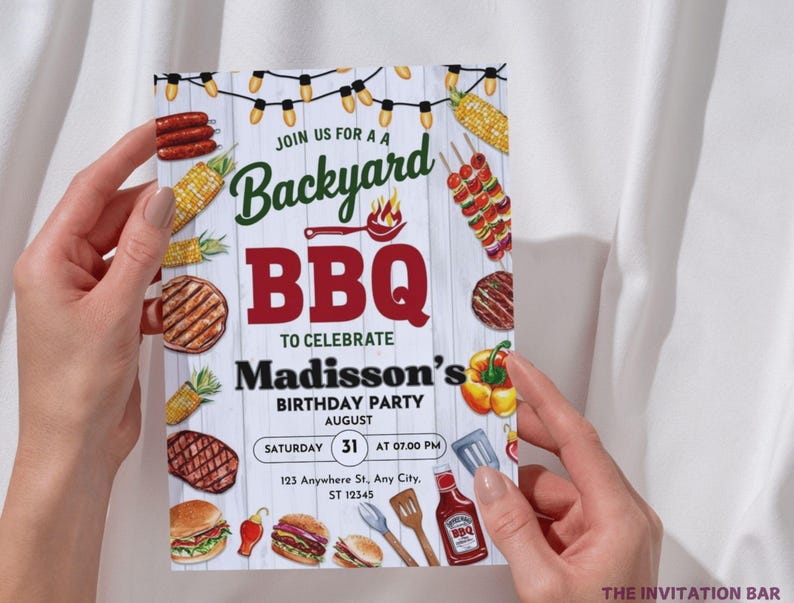 May include: A colorful invitation for a backyard BBQ to celebrate Madisson's birthday. The invitation features a red and white striped design with illustrations of food, including corn on the cob, hot dogs, hamburgers, and skewers. The text on the invitation reads "Join us for a Backyard BBQ to celebrate Madisson's Birthday Party, Saturday, August 31 at 07:00 PM, 123 Anywhere St, Any City, ST 12345".
