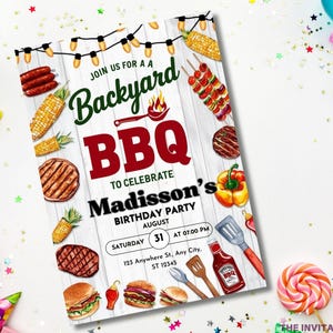 May include: A colorful invitation for a backyard BBQ to celebrate Madisson's birthday party on August 31st at 7:00 PM. The invitation features a white wooden background with illustrations of grilling food, corn on the cob, and string lights.