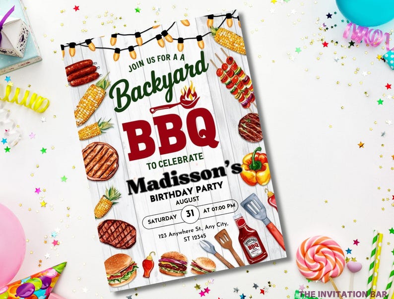 May include: A colorful invitation for a backyard BBQ to celebrate Madisson's birthday party on August 31st at 7:00 PM. The invitation features a white wooden background with illustrations of grilling food, corn on the cob, and string lights.