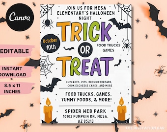 Könnte beinhalten: Halloween-Einladung mit den Worten "Trick or Treat" in Orange und Lila. Die Einladung enthält Fledermäuse, Spinnen und Spinnweben. Der Text enthält auch "Food Trucks, Games, Yummy Foods, & More!". Die Einladung ist 21,59 x 27,94 cm groß.