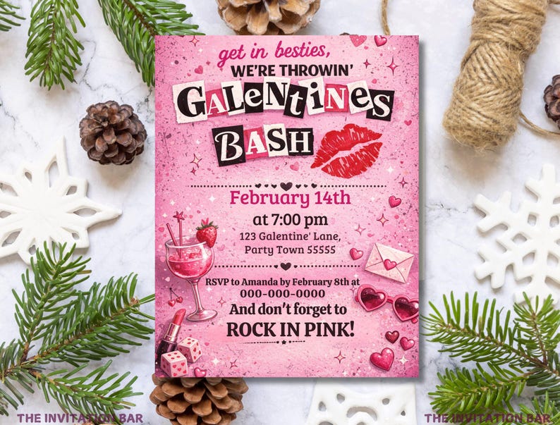 May include: Pink Galentine's Bash invitation with text, a red lip graphic, and heart accents. The invitation includes details for a February 14th party, with a cocktail illustration and the phrase "Rock in Pink!"