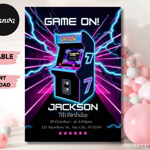 Invitación de cumpleaños de arcade editable en Canva, invitación a una fiesta de juegos retro, plantilla de cumpleaños de videojuego digital para niños, tarjeta personalizable.