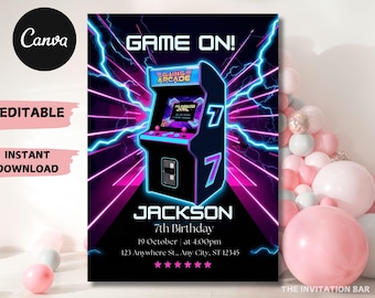 Invitación de cumpleaños de arcade: Fiesta de videojuegos retro (Plantilla editable de Canva)