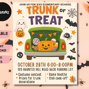 May include: A Halloween-themed invitation with a green car trunk filled with candy and a jack-o'-lantern. The text reads "Trunk or Treat" and includes event details, such as the date, time, and location. The invitation is 8.5 x 11 inches.