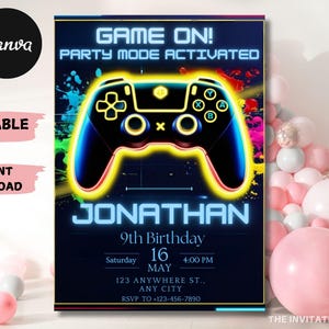 Video Game Birthday Invitation: Neon Glow, Editable Template (PDF or JPEG)
