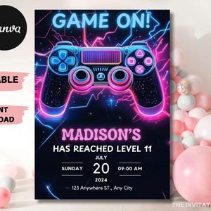 Editable Video Game Birthday Invitation: Neon Glow (PDF or JPEG)