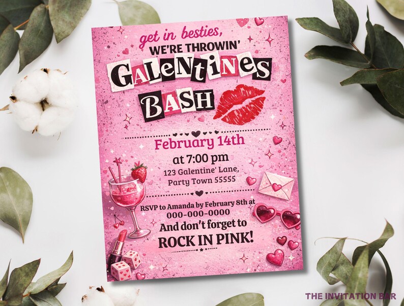 May include: A pink Galentine's Bash invitation with the text "get in besties, WE'RE THROWIN' GALENTINES BASH". The invitation includes a lipstick, dice, a cocktail, hearts, and the text "ROCK IN PINK!" The invitation is for February 14th.