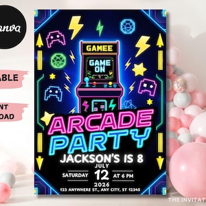 Arcade Birthday Invitation Template, Arcade Invitation, Neon Glow Invite, Arcade Party, Boys Gamer Party, Video Game Party, Editable Canva